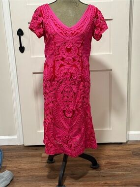 JS Collections Hot Pink Embroidered V-Neck Midi Dress